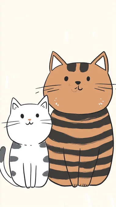 A simple 2D webtoon-style illustration of two cats side by side. The small cat is white with black stripes, tiny and playful, while the large cat is brown with black stripes, fluffy and reserved. No background, plain color fill to highlight the characters.