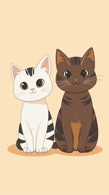 A simple 2D webtoon-style illustration of two cats side by side. The small cat is white with black stripes, tiny and playful, while the large cat is brown with black stripes, fluffy and reserved. No background, plain color fill to highlight the characters.