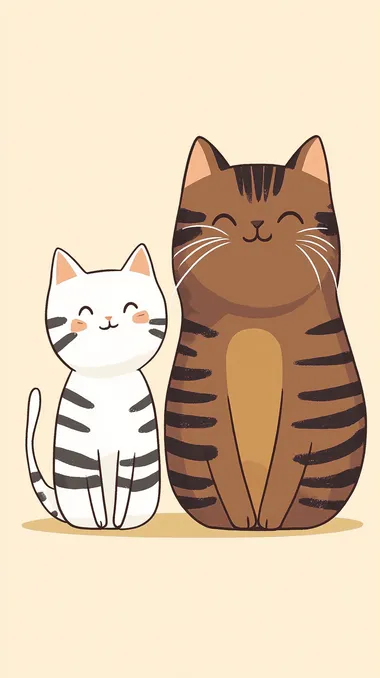 A simple 2D webtoon-style illustration of two cats side by side. The small cat is white with black stripes, tiny and playful, while the large cat is brown with black stripes, fluffy and reserved. No background, plain color fill to highlight the characters.
