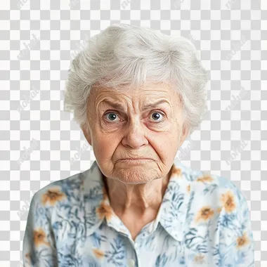 mischievous elderly woman mugshot on white background