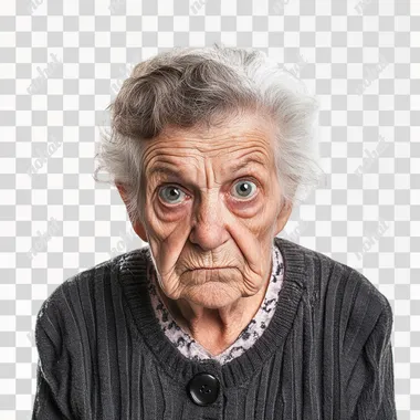 mischievous elderly woman mugshot on white background