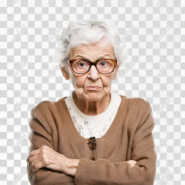 mischievous elderly woman mugshot on white background