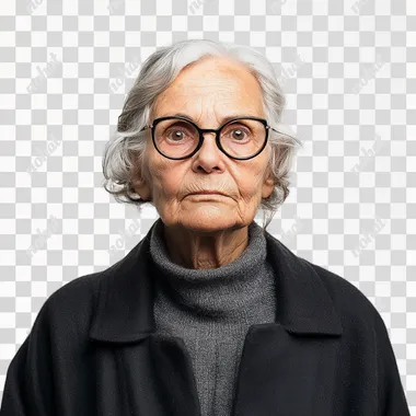 mischievous elderly woman mugshot on white background