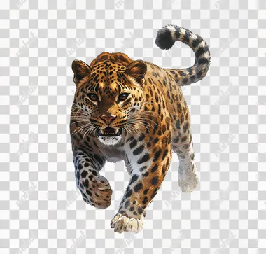 Full-body portrait of an Amur leopard, running towards the viewer with its tail raised and looking fierce into the camera, isolated on a white background, in the style of a clipart-style, photorealistic, hyperrealistic illustration, vector graphics, highly detailed, watercolor painting, in full color.