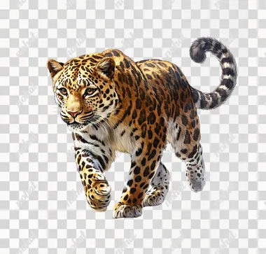 Full-body portrait of an Amur leopard, running towards the viewer with its tail raised and looking fierce into the camera, isolated on a white background, in the style of a clipart-style, photorealistic, hyperrealistic illustration, vector graphics, highly detailed, watercolor painting, in full color.