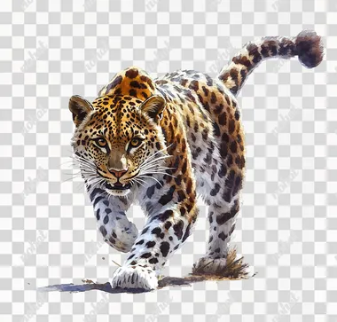Full-body portrait of an Amur leopard, running towards the viewer with its tail raised and looking fierce into the camera, isolated on a white background, in the style of a clipart-style, photorealistic, hyperrealistic illustration, vector graphics, highly detailed, watercolor painting, in full color.
