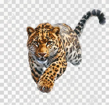 Full-body portrait of an Amur leopard, running towards the viewer with its tail raised and looking fierce into the camera, isolated on a white background, in the style of a clipart-style, photorealistic, hyperrealistic illustration, vector graphics, highly detailed, watercolor painting, in full color.