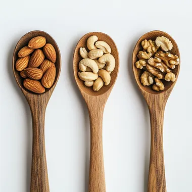 There are 4 wooden spoons in total. There are nuts on a wooden spoon. Each spoon is topped with almonds, walnuts, cashews, and macadamia nuts. Alternate the four spoons.