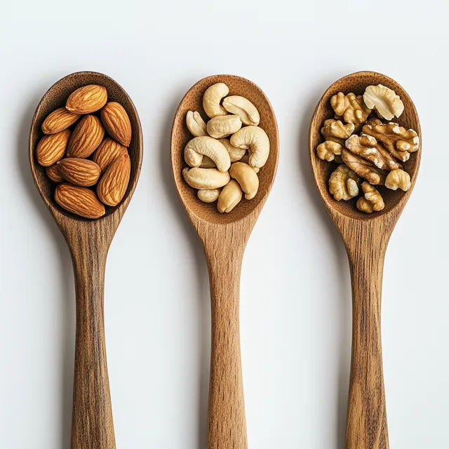 Wooden Spoons with Almonds, Walnuts, Cashews, and Macadamia Nuts