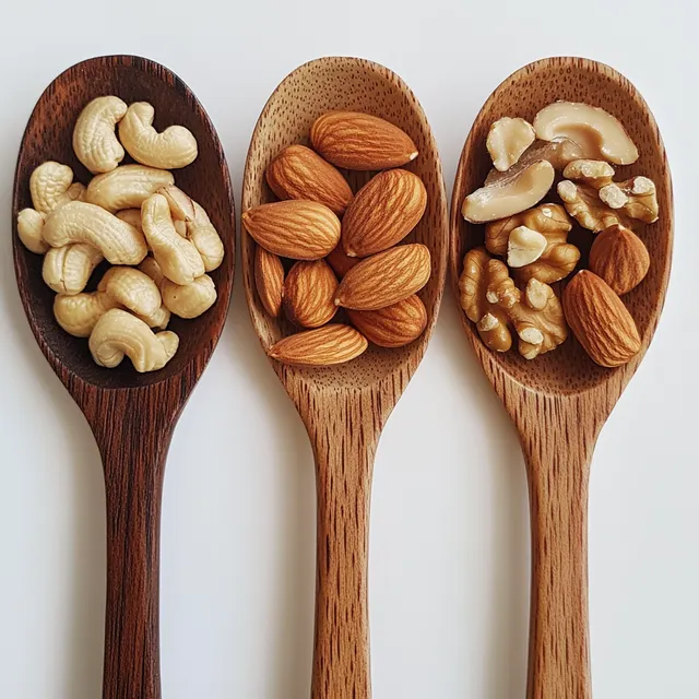 Wooden Spoons with Almonds, Walnuts, Cashews, Macadamia Nuts Display