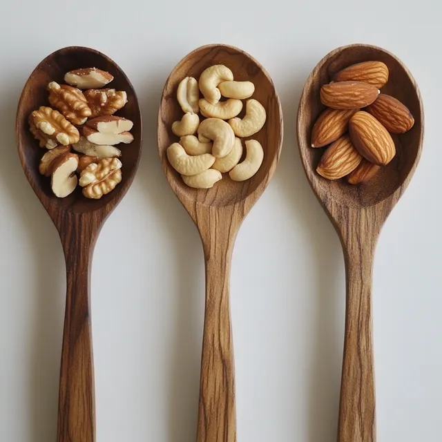 Wooden Spoons with Almonds, Walnuts, Cashews, and Macadamia Nuts