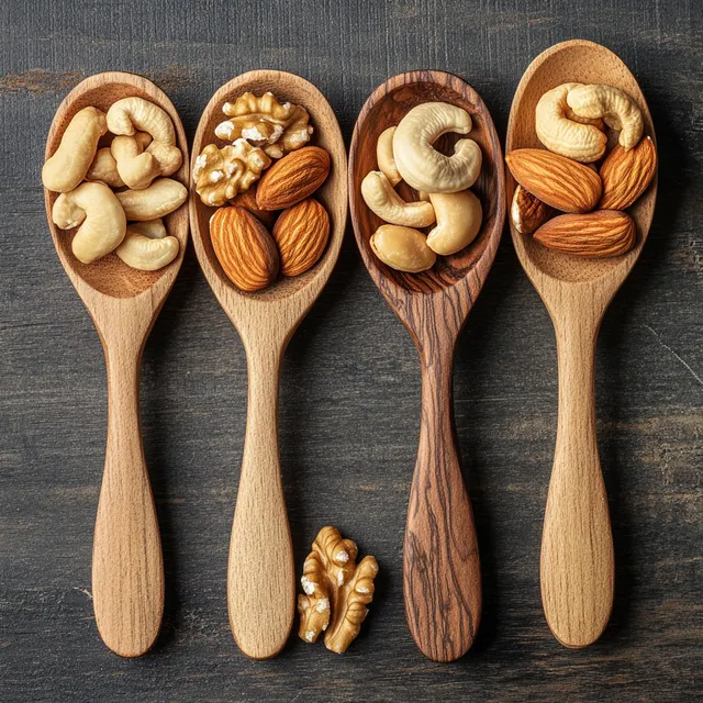 Four Wooden Spoons with Almonds, Walnuts, Cashews, Macadamia Nuts