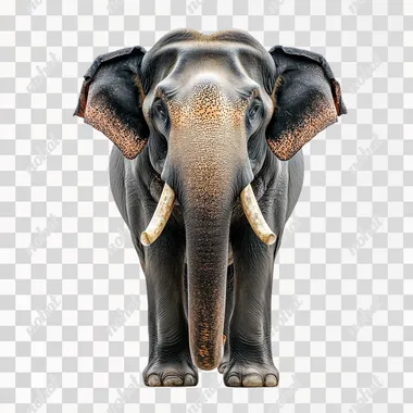 1 Big, fat, strong ELEPHANT, Asian elephant, SHOWING STRENGTH, the elephant's trunk is pointing upwards, has 2 large tusks, ON A white BACKGROUND, showing worship and respect, in a horizontal view, TAKEN WITH CANON R6 --s 250