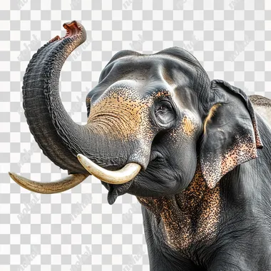 1 Big, fat, strong ELEPHANT, Asian elephant, SHOWING STRENGTH, the elephant's trunk is pointing upwards, has 2 large tusks, ON A white BACKGROUND, showing worship and respect, in a horizontal view, TAKEN WITH CANON R6 --s 250