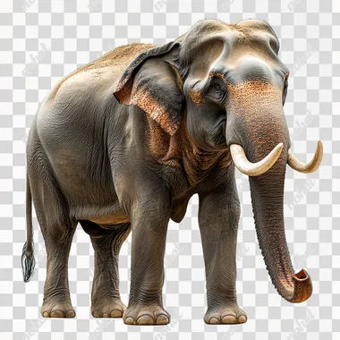 1 Big, fat, strong ELEPHANT, Asian elephant, SHOWING STRENGTH, the elephant's trunk is pointing upwards, has 2 large tusks, ON A white BACKGROUND, showing worship and respect, in a horizontal view, TAKEN WITH CANON R6 --s 250