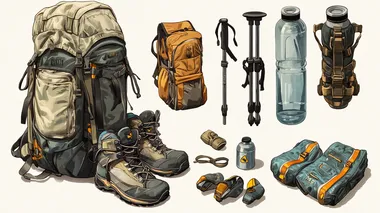 A comprehensive set of hiking gear, featuring a sturdy backpack, a pair of hiking boots, a water bottle, and trekking poles. The backpack is equipped with multiple pockets and straps, the boots have rugged soles for traction, the water bottle is durable and reusable, and the trekking poles are adjustable and lightweight. Setting: White background Key Elements: Backpack, hiking boots, water bottle, trekking poles Mood: Adventurous, prepared, reliable.