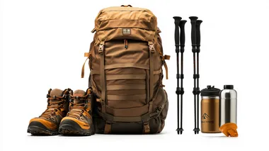 A comprehensive set of hiking gear, featuring a sturdy backpack, a pair of hiking boots, a water bottle, and trekking poles. The backpack is equipped with multiple pockets and straps, the boots have rugged soles for traction, the water bottle is durable and reusable, and the trekking poles are adjustable and lightweight. Setting: White background Key Elements: Backpack, hiking boots, water bottle, trekking poles Mood: Adventurous, prepared, reliable.