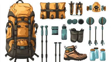 A comprehensive set of hiking gear, featuring a sturdy backpack, a pair of hiking boots, a water bottle, and trekking poles. The backpack is equipped with multiple pockets and straps, the boots have rugged soles for traction, the water bottle is durable and reusable, and the trekking poles are adjustable and lightweight. Setting: White background Key Elements: Backpack, hiking boots, water bottle, trekking poles Mood: Adventurous, prepared, reliable.