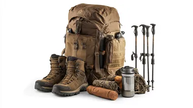A comprehensive set of hiking gear, featuring a sturdy backpack, a pair of hiking boots, a water bottle, and trekking poles. The backpack is equipped with multiple pockets and straps, the boots have rugged soles for traction, the water bottle is durable and reusable, and the trekking poles are adjustable and lightweight. Setting: White background Key Elements: Backpack, hiking boots, water bottle, trekking poles Mood: Adventurous, prepared, reliable.