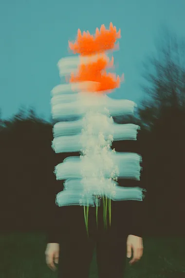 blurry image of blooming flower, beautiful stamen, at night, surreal sky filled of change and wind dominated by shades of red and blue, with Realistic looking butterflies emitting a soft glow in a dark forest, in the style of minimalist beauty, androgynous, light black, cold palette, cosmopolitan energy, serene faces, loose and fluid, ethereal abstractions   rofile g9mew5f