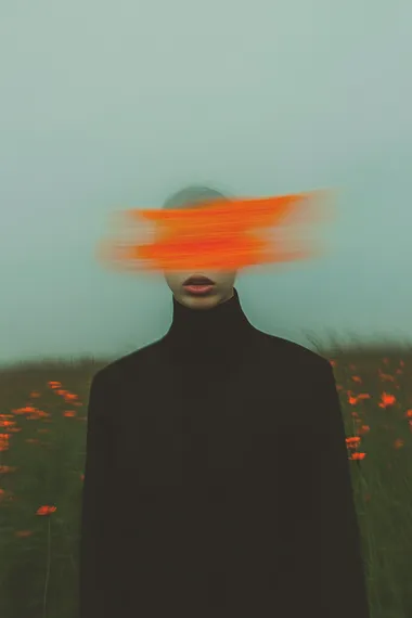 blurry image of blooming flower, beautiful stamen, at night, surreal sky filled of change and wind dominated by shades of red and blue, with Realistic looking butterflies emitting a soft glow in a dark forest, in the style of minimalist beauty, androgynous, light black, cold palette, cosmopolitan energy, serene faces, loose and fluid, ethereal abstractions   rofile g9mew5f