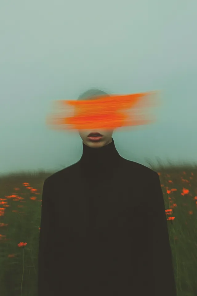 Person in a serene forest field with glowing butterflies and red skies