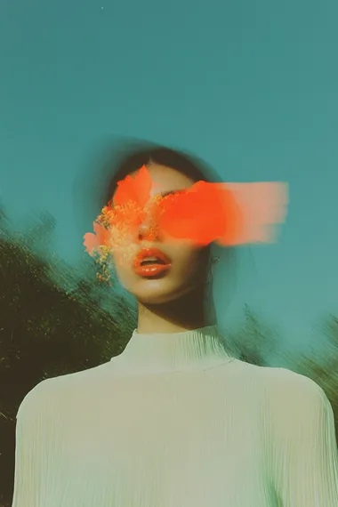 blurry image of blooming flower, beautiful stamen, at night, surreal sky filled of change and wind dominated by shades of red and blue, with Realistic looking butterflies emitting a soft glow in a dark forest, in the style of minimalist beauty, androgynous, light black, cold palette, cosmopolitan energy, serene faces, loose and fluid, ethereal abstractions   rofile g9mew5f