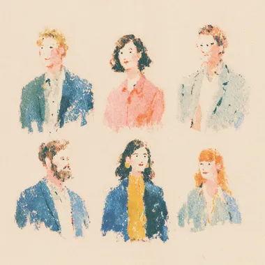 Watercolor illustration of high school counselors, parents, administrators, students. it should be like a small card with small illustrations, minimal graphics, pastel colors, 70s advertisment, elegant rofile 1roexbm