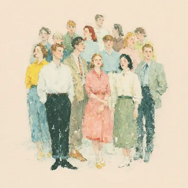 Watercolor illustration of high school counselors, parents, administrators, students. it should be like a small card with small illustrations, minimal graphics, pastel colors, 70s advertisment, elegant rofile 1roexbm
