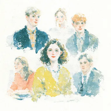 Watercolor illustration of high school counselors, parents, administrators, students. it should be like a small card with small illustrations, minimal graphics, pastel colors, 70s advertisment, elegant rofile 1roexbm