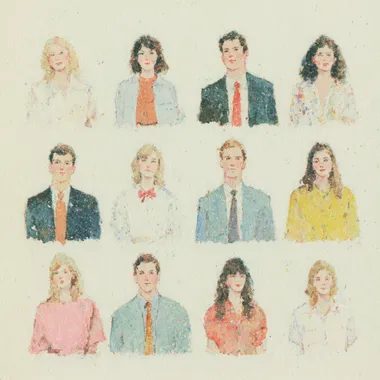 Watercolor illustration of high school counselors, parents, administrators, students. it should be like a small card with small illustrations, minimal graphics, pastel colors, 70s advertisment, elegant rofile 1roexbm