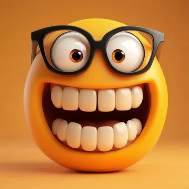 A photo of an emoji face with glasses and big teeth, in the style of Pixar.