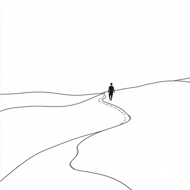 illustration of a person walking along a lonely & difficult path. Simple line art, minimalistic illustration.