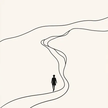 illustration of a person walking along a lonely & difficult path. Simple line art, minimalistic illustration.