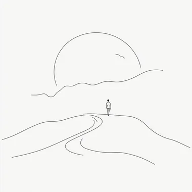 illustration of a person walking along a lonely & difficult path. Simple line art, minimalistic illustration.
