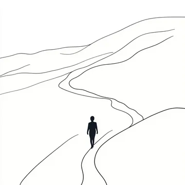 illustration of a person walking along a lonely & difficult path. Simple line art, minimalistic illustration.