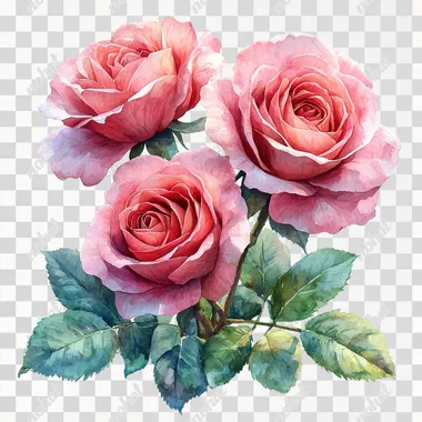 Realistic Watercolor Pink Roses Clipart, completely flat white background, vibrant colors --s 1000
