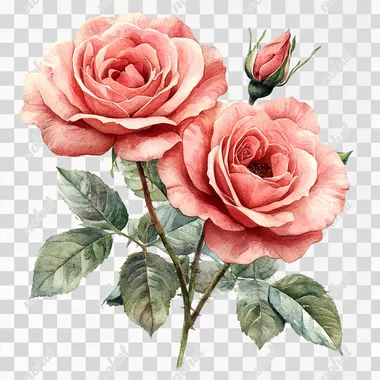 Realistic Watercolor Pink Roses Clipart, completely flat white background, vibrant colors --s 1000