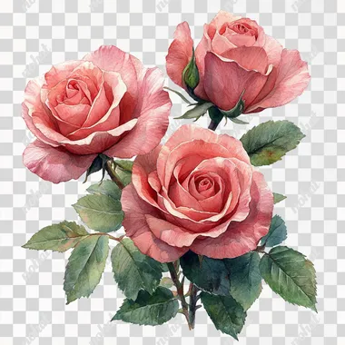 Realistic Watercolor Pink Roses Clipart, completely flat white background, vibrant colors --s 1000