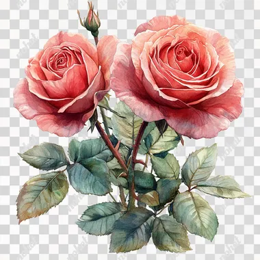 Realistic Watercolor Pink Roses Clipart, completely flat white background, vibrant colors --s 1000