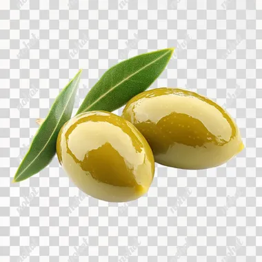 two juicy green olive with leafe lie on white background, side view
