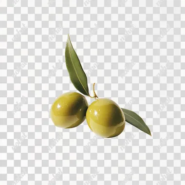 two juicy green olive with leafe lie on white background, side view