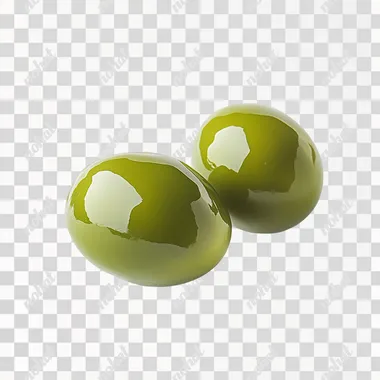 two juicy green olive with leafe lie on white background, side view