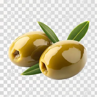 two juicy green olive with leafe lie on white background, side view