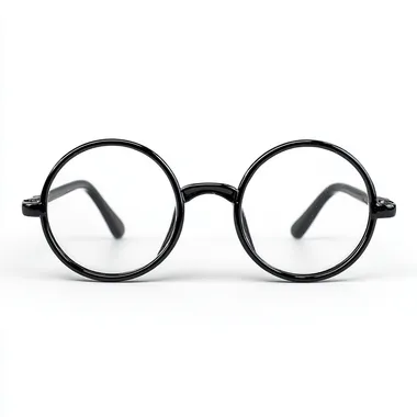 round glasses, black frame, temples fully open at 180 degrees, arms extended straight outward, laying flat, front view, facing camera, no lenses, clean plain white background, minimalistic, realistic style --raw