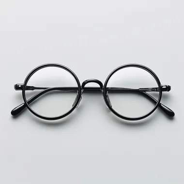 round glasses, black frame, temples fully open at 180 degrees, arms extended straight outward, laying flat, front view, facing camera, no lenses, clean plain white background, minimalistic, realistic style --raw