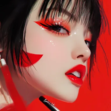 Exaggerated makeup, anime style, charming, bright lipstick, smiling at the camera, Japanese anime style, illustration style, contrasting colors  --s 50  b66fdu6