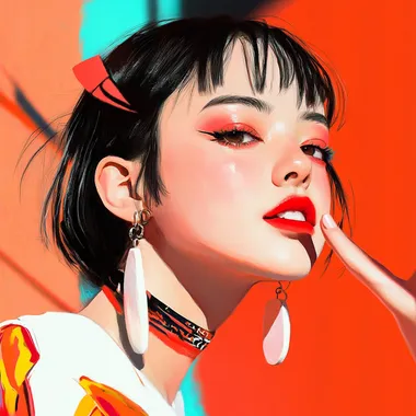 Exaggerated makeup, anime style, charming, bright lipstick, smiling at the camera, Japanese anime style, illustration style, contrasting colors  --s 50  b66fdu6