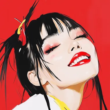 Exaggerated makeup, anime style, charming, bright lipstick, smiling at the camera, Japanese anime style, illustration style, contrasting colors  --s 50  b66fdu6