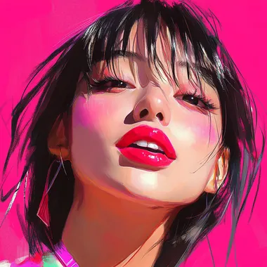 Exaggerated makeup, anime style, charming, bright lipstick, smiling at the camera, Japanese anime style, illustration style, contrasting colors  --s 50  b66fdu6